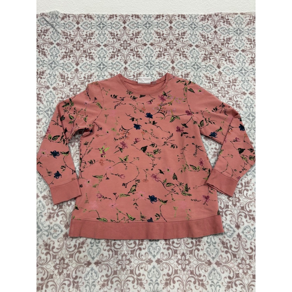 Quacker Factory Floral Rhinestone Sweatshirt Coral Pink Botanical XS